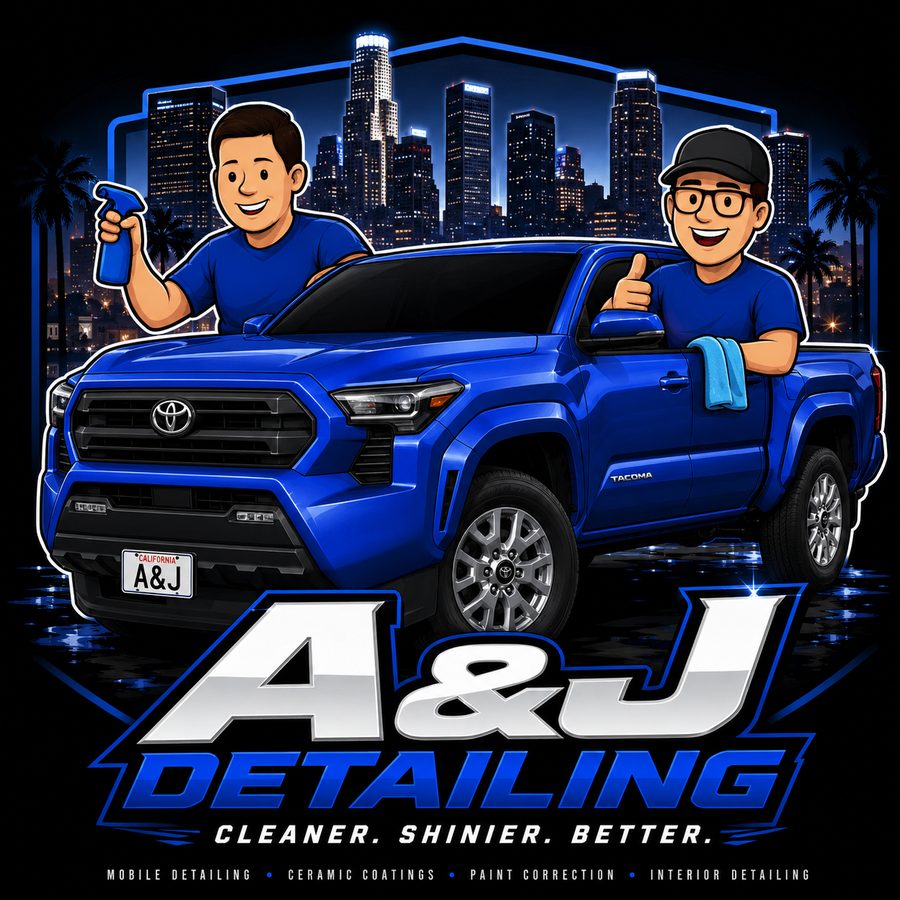 A&J Detailing logo: Jonathan and Anthony with the A&J Tacoma in front of the Los Angeles skyline